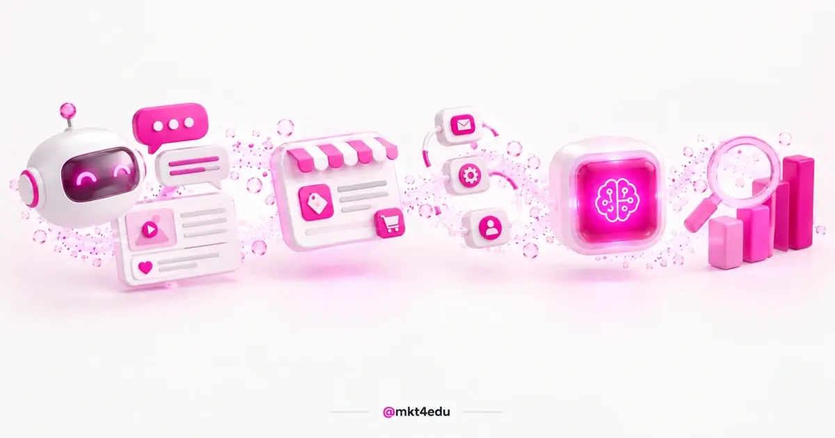 Tendências do marketing digital em cena 3D com chatbot, bolhas de chat, card de social commerce, fluxo de automação e gráfico em alta