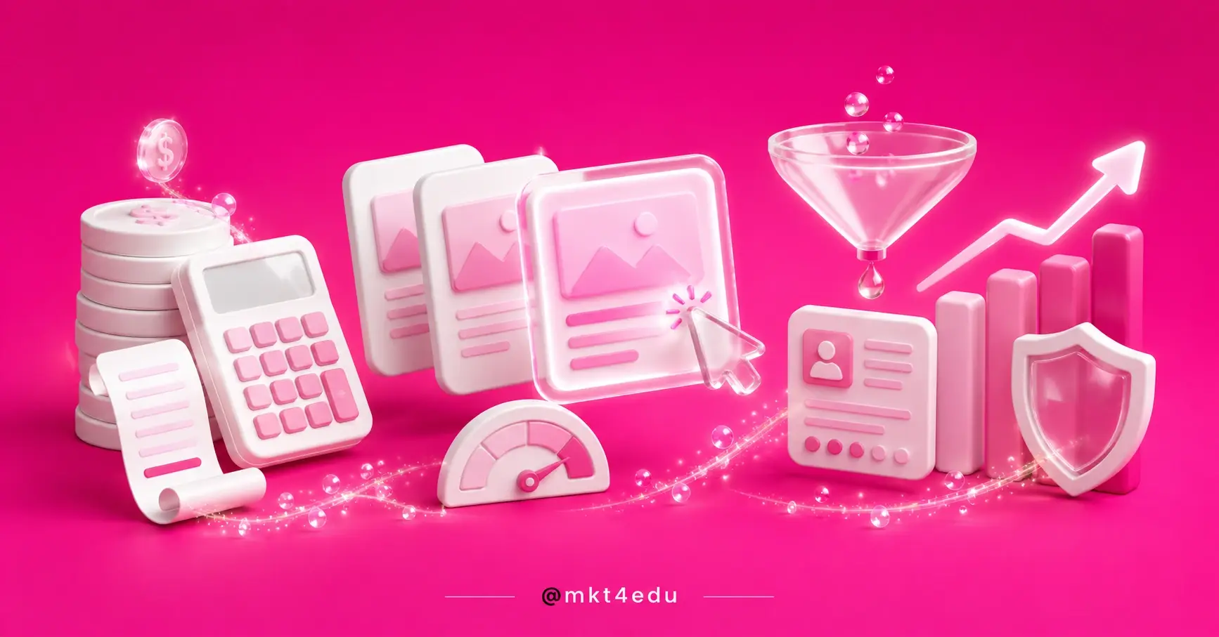 Moedas, calculadora, cards de anúncio e gráfico protegido por escudo ilustram quanto custa investir em tráfego pago.