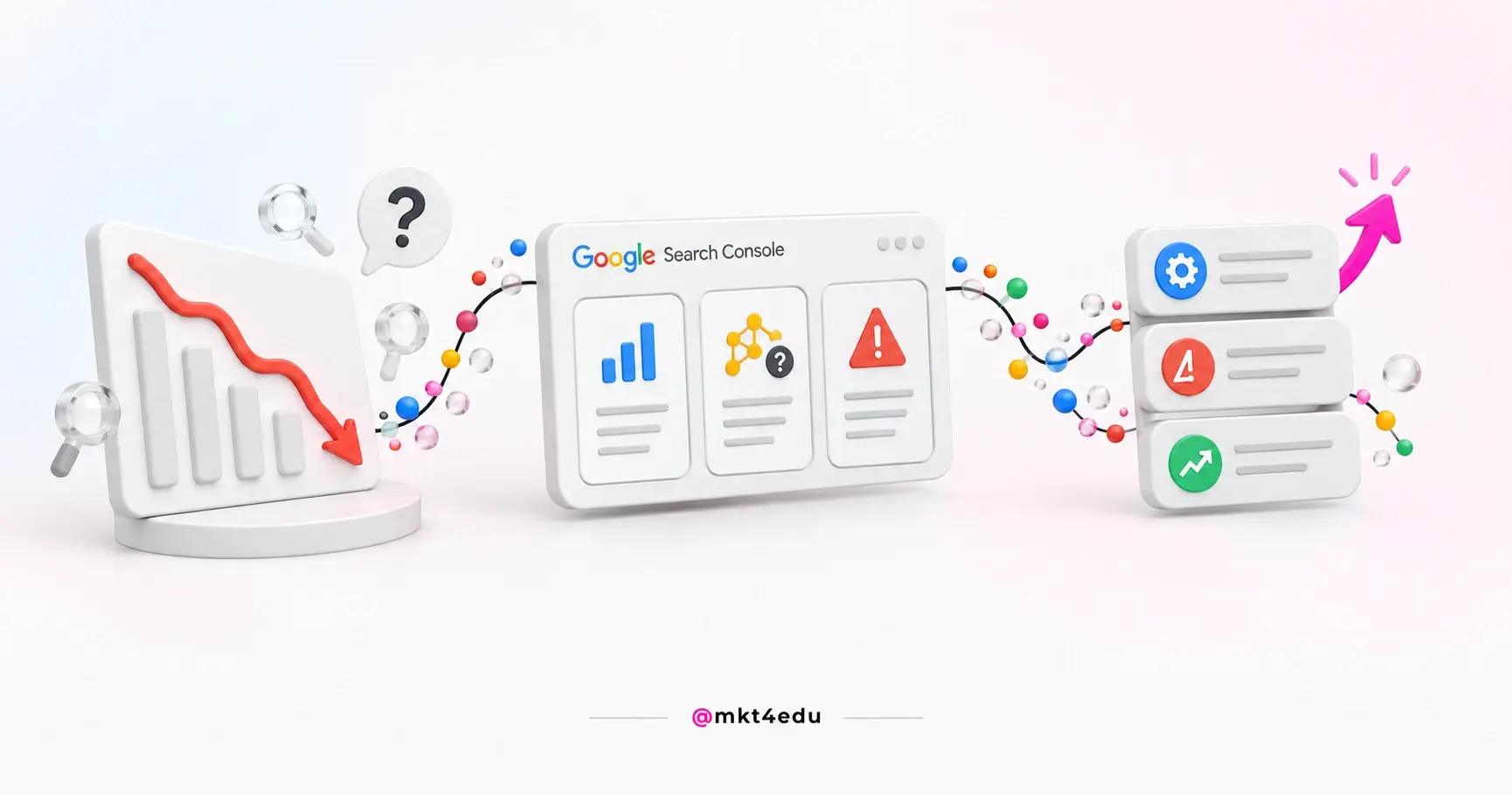 Organic traffic drop in 3D: a descending chart, the Google Search Console panel and diagnostic cards