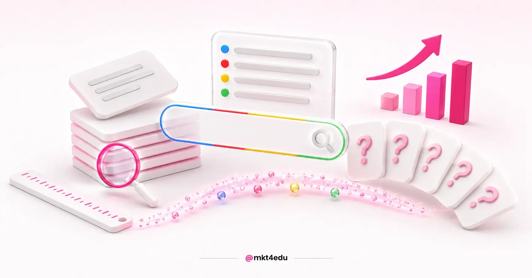 Ilustração 3D com barra de busca, régua e gráfico mostrando como ranquear no Google com posts de blog.