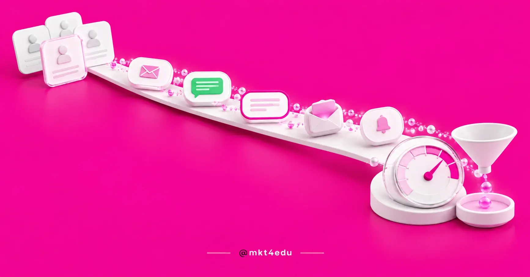 Communication cadence: message capsules spaced along a diagonal rail, with an interval dial and persona cards