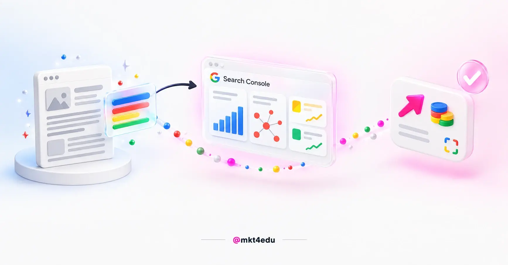 SEO report in GA4 in 3D: site content linked to Search Console and to the performance dashboard