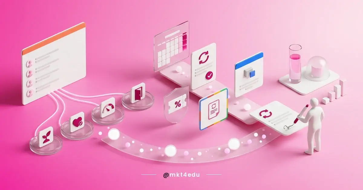 Remarketing for customer retention: a customer base linked by a flow to lifecycle stages, contract renewal and performance charts