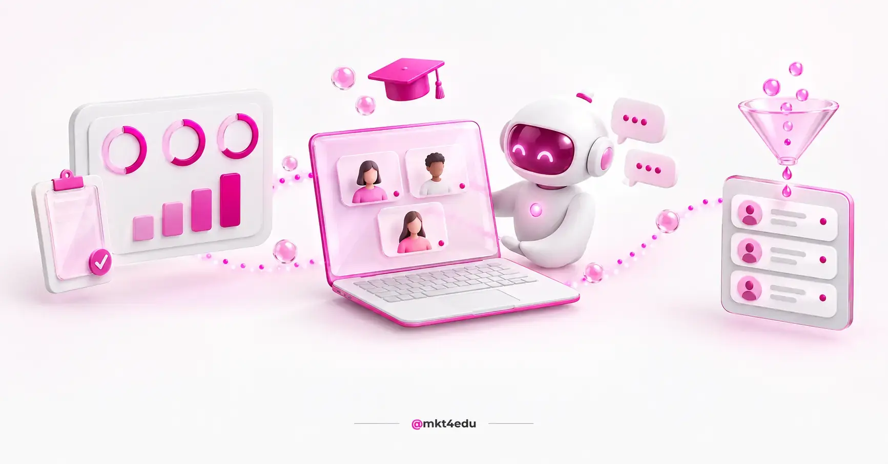 Retenção de alunos no EAD em cena 3D com painel de KPIs, aula em videochamada, robô de IA e funil de CRM