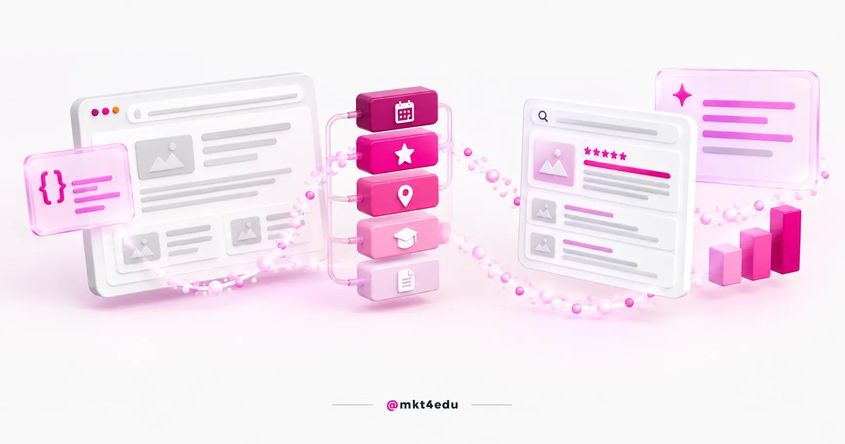 Schema.org in 3D: JSON-LD code organized into pink data blocks feeding a rich search result and an AI panel