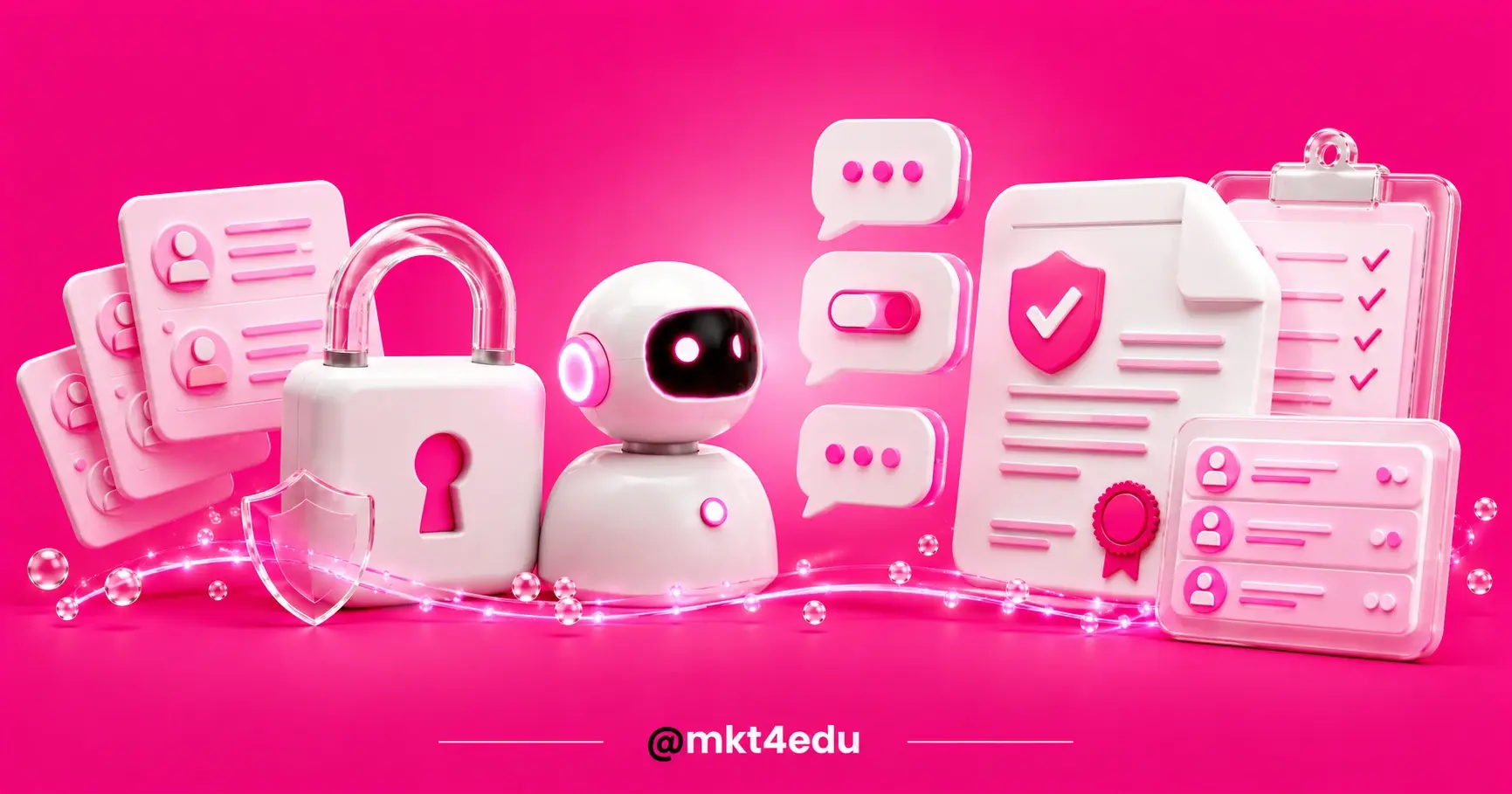 3D illustration of a robot next to a padlock and documents, representing the use of AI-powered SDR and LGPD compliance.