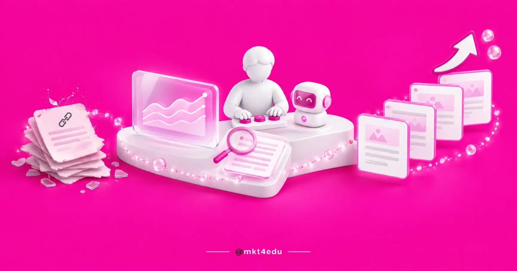 Person and robot at an SEO in the AI era dashboard, with old content on the left and refreshed pages rising