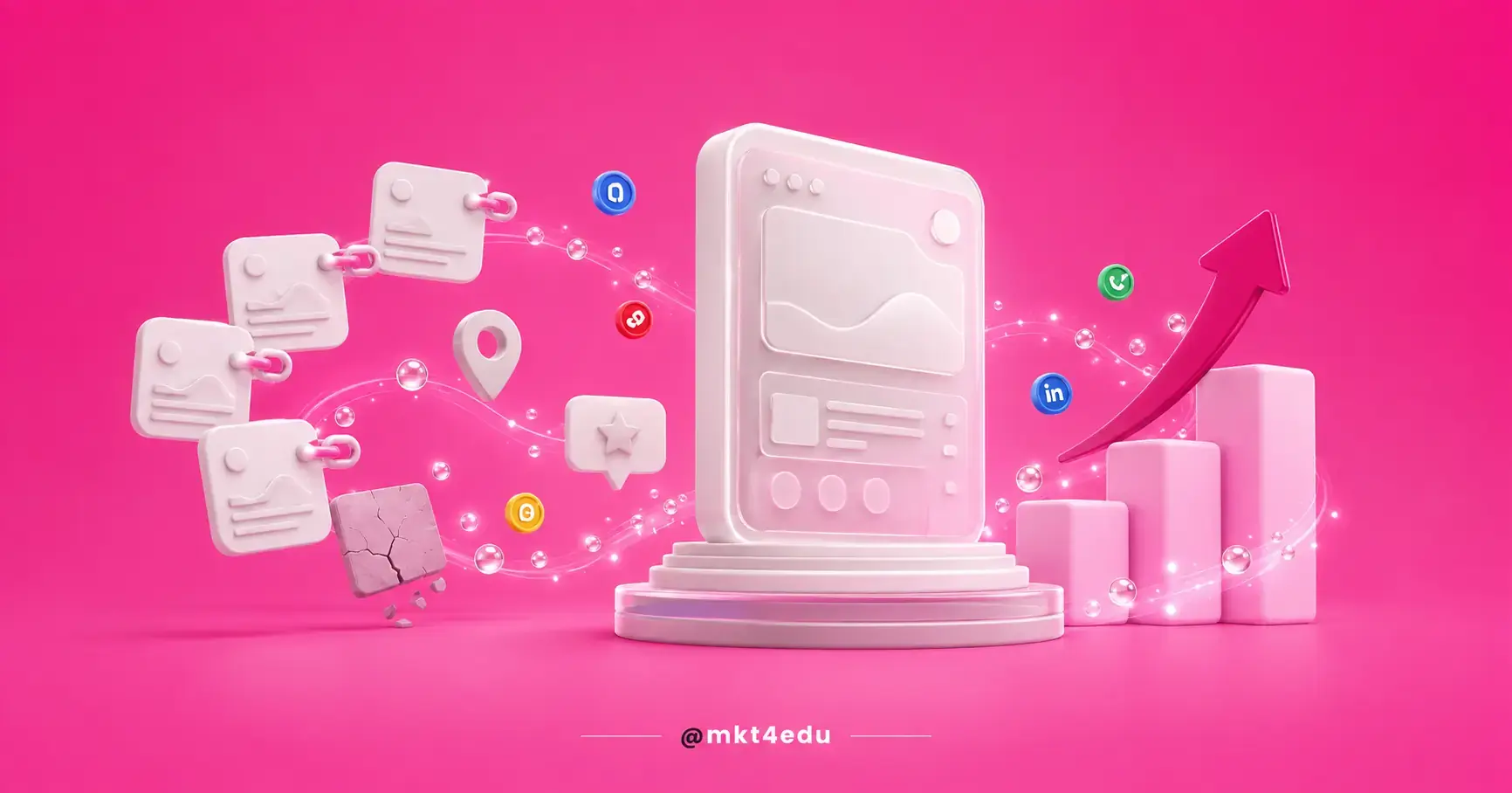 Off-page SEO 3D scene: external site cards send links to a website monolith rising on a widening base