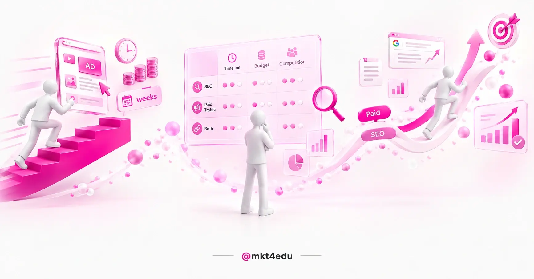 Decision maker comparing SEO or paid traffic on a panel with timeline, budget and competition