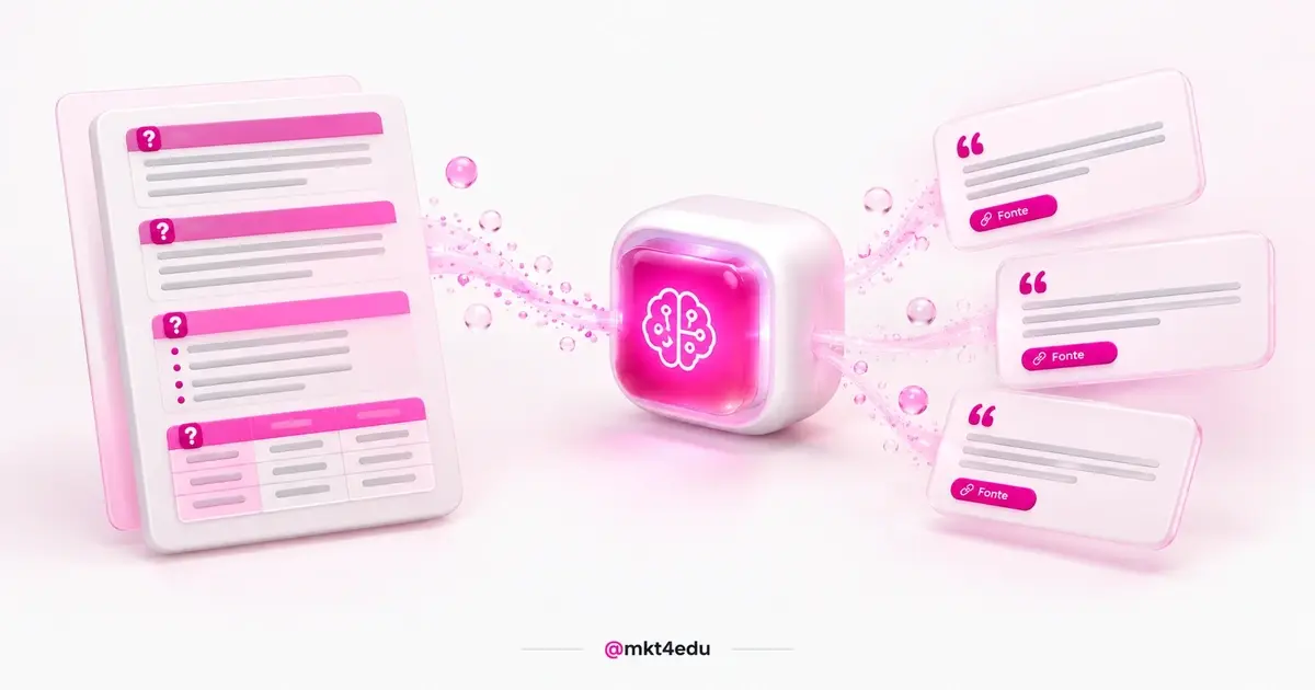 SEO para LLM em cena 3D com documento estruturado, núcleo de IA lendo o conteúdo e cartões de citação com fonte