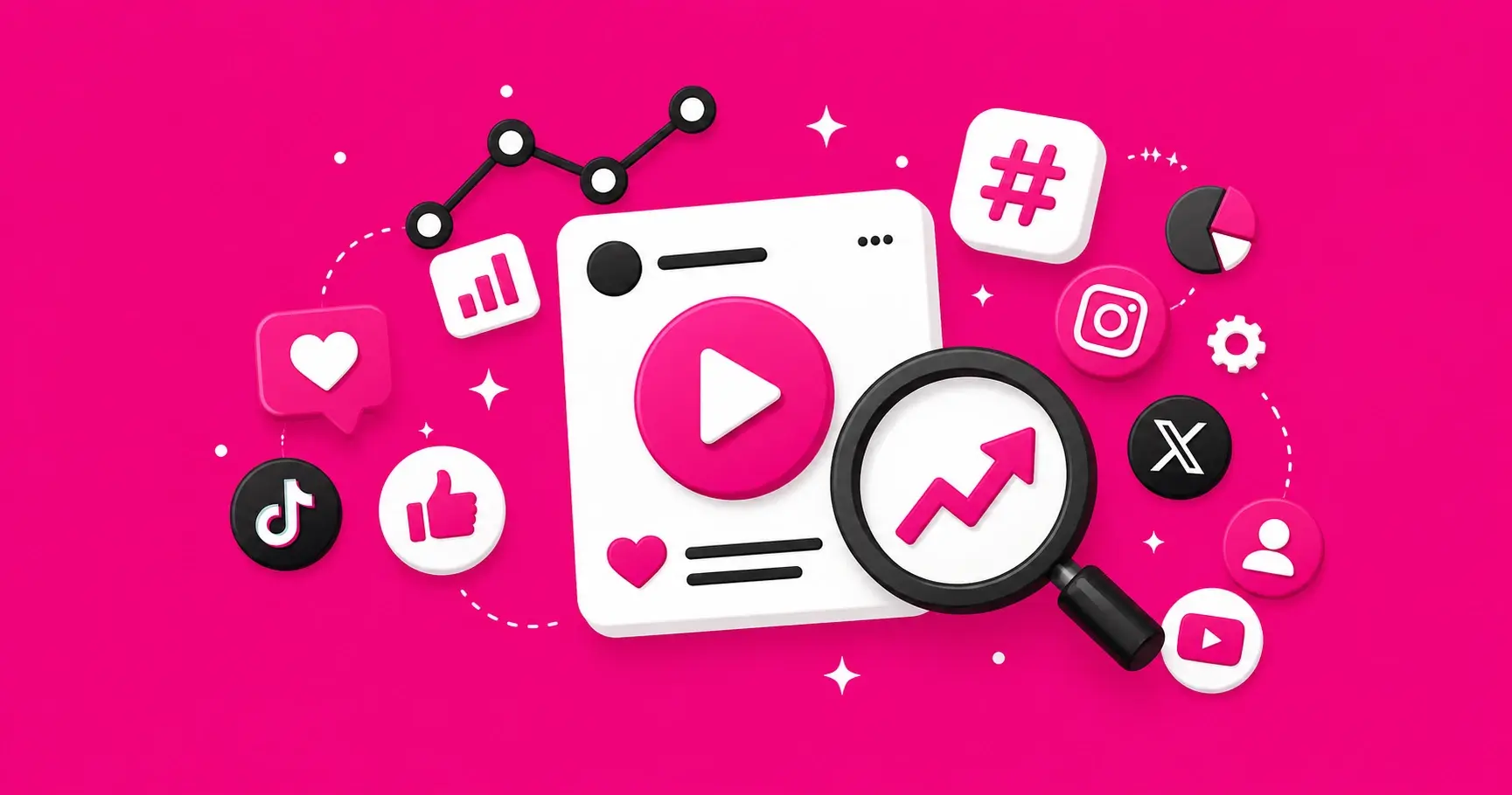 Ilustração 3D sobre SEO para redes sociais com lupa, gráficos de crescimento e ícones do TikTok, Instagram e YouTube.