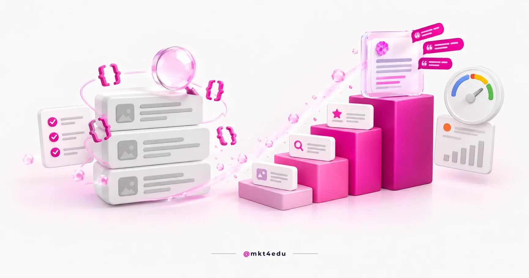 Is SEO worth it: 3D content blocks climbing a pink staircase up to an AI answer panel that cites the page