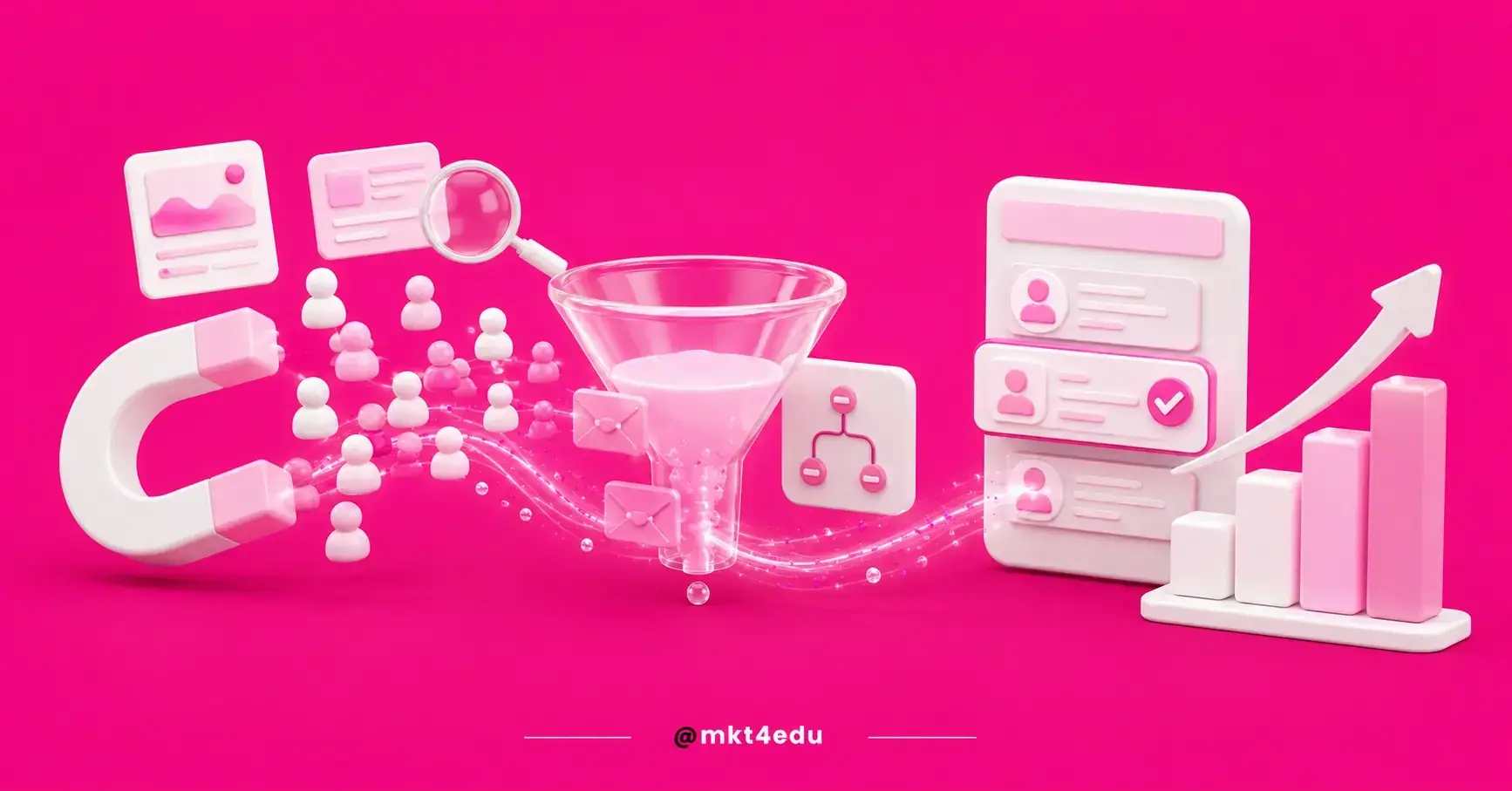 Student recruitment 3D scene with a magnet, a glass funnel and a CRM panel holding qualified leads