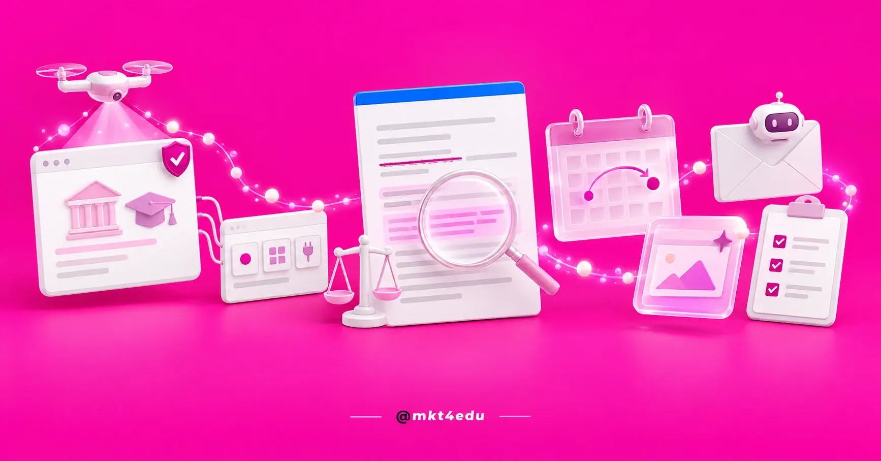 Meta commercial terms: a contract under a magnifier, scales, a crawler over the institution's site and a review checklist