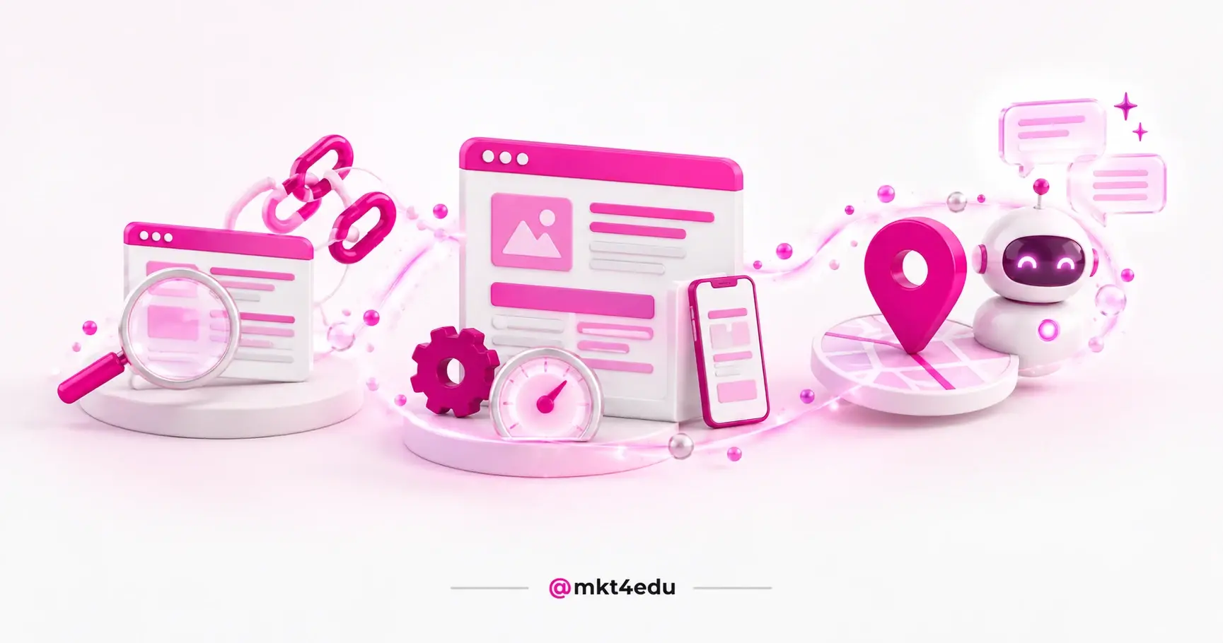 Página, elo de link, velocímetro, mapa e robô de IA lado a lado: os tipos de SEO em um só sistema