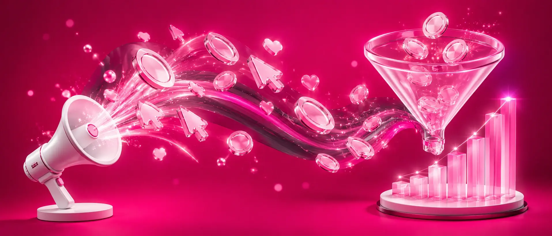 A pink megaphone sending clicks and coins into a conversion funnel, representing the flow of paid traffic.