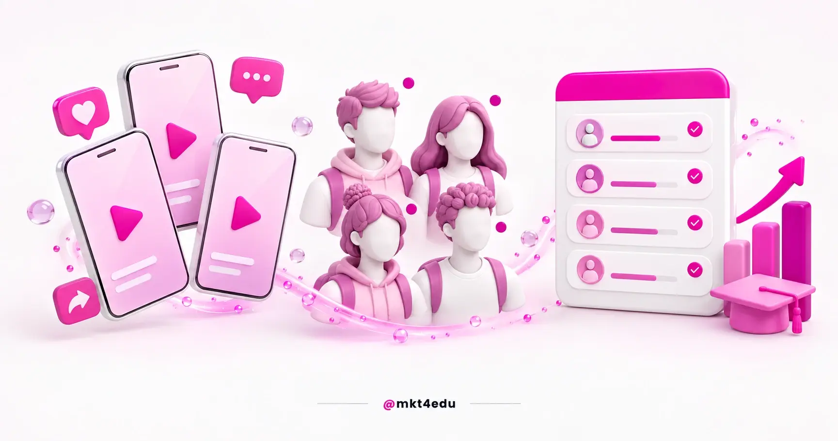 Social media scene in 3D with vertical feeds, like icons and a CRM panel receiving student contacts