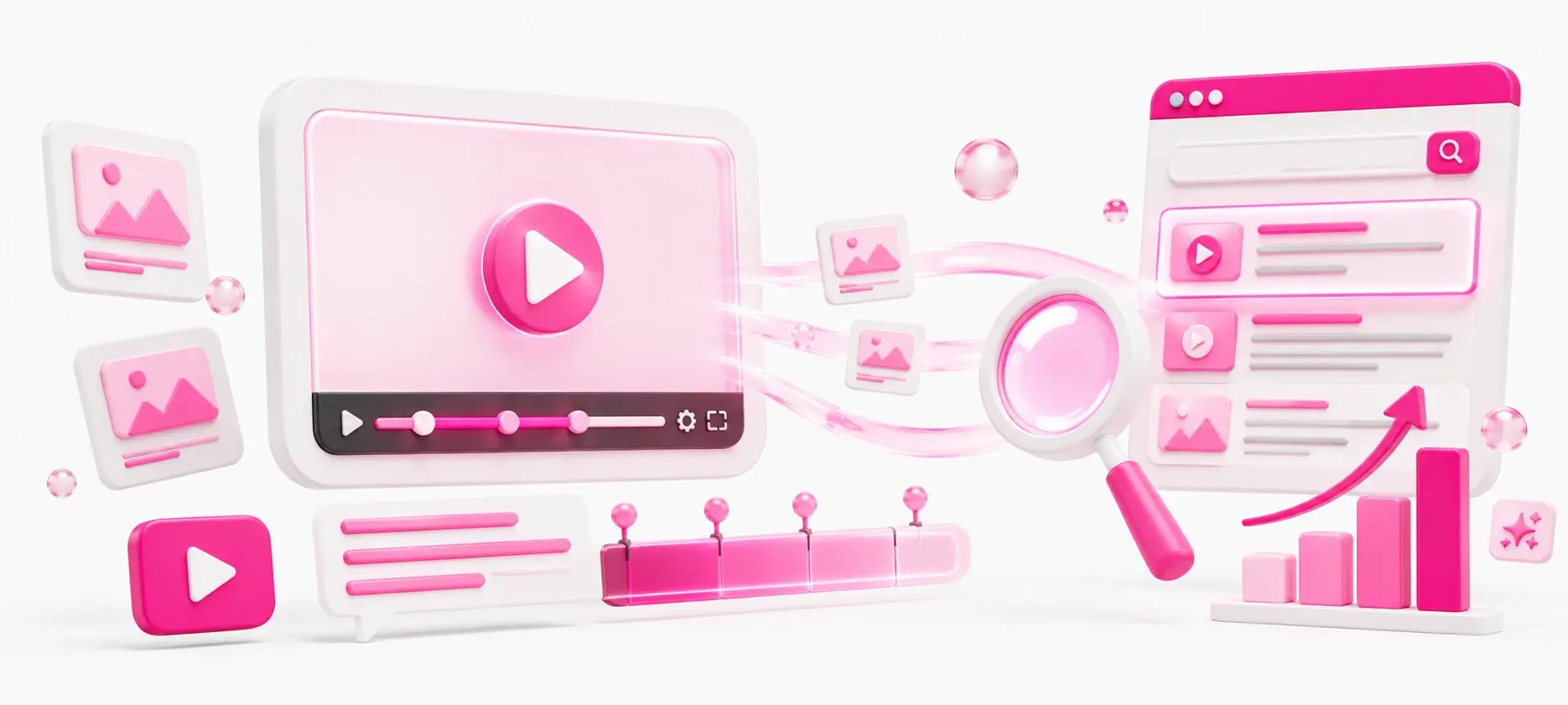 3D illustration featuring a video player, a magnifying glass, and a growth chart representing optimization and video SEO.