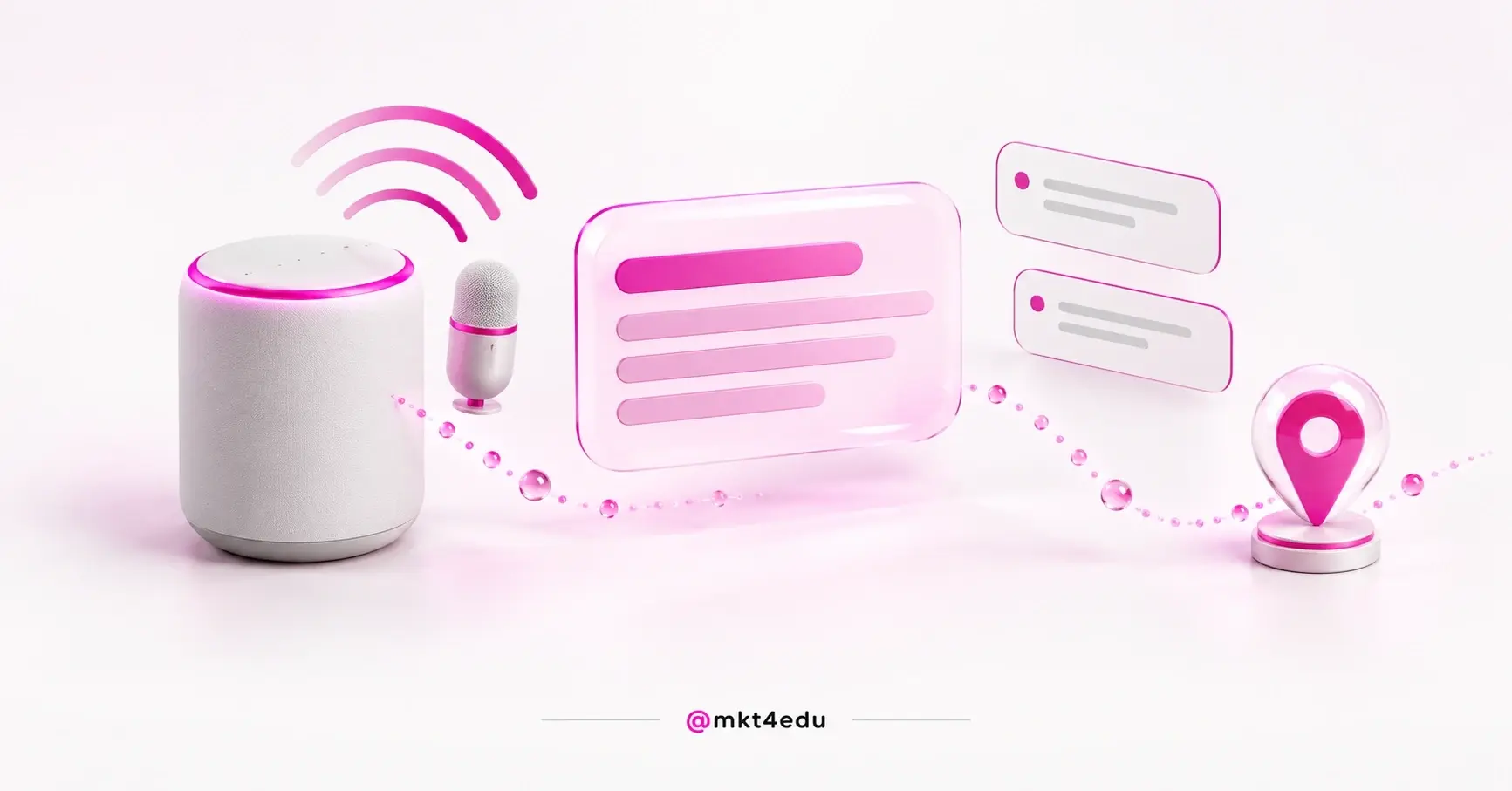 Voice search SEO shown as a 3D smart speaker, pink sound waves and a glass answer panel