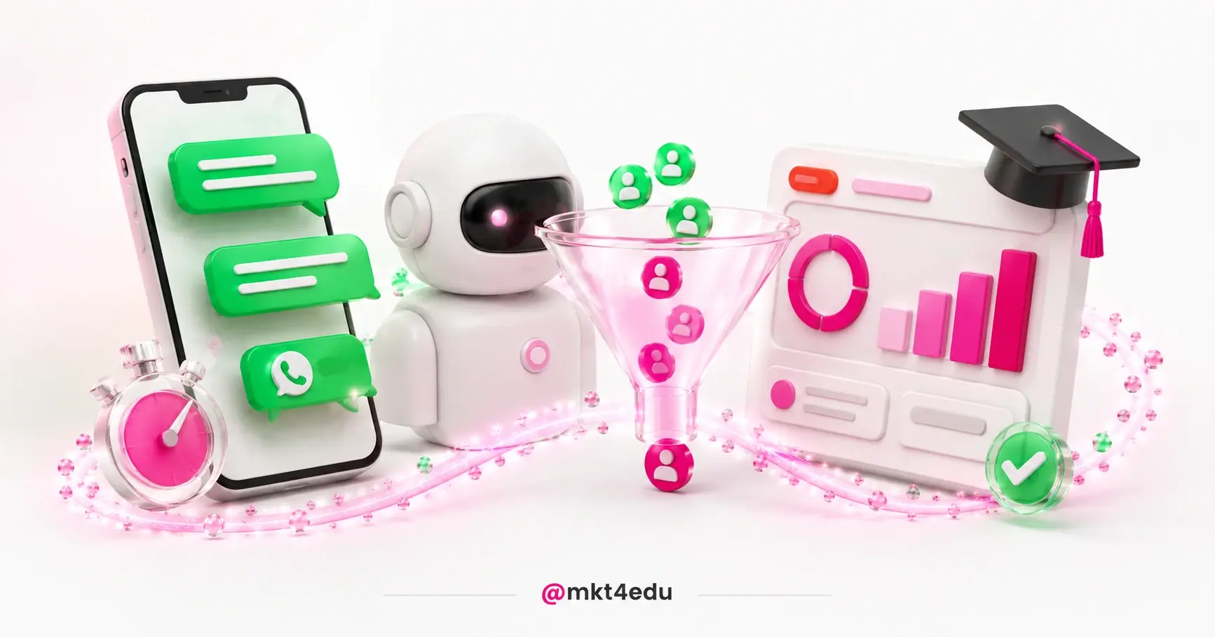 WhatsApp for student recruitment: a 3D cell phone with green chat bubbles, a lead funnel, and a CRM dashboard with a graduation cap.