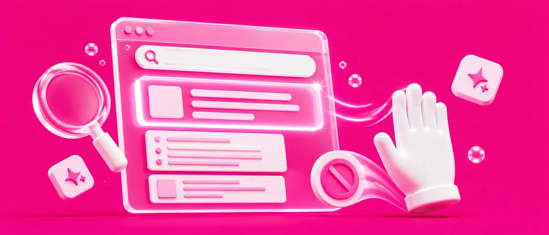 Ilustração 3D rosa de navegador com ícone de proibição e mão, representando o zero-click search no Google.