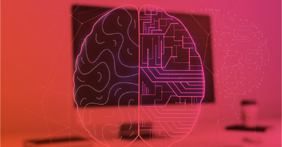 Cérebro dividido ao meio: metade humano e metade robótico, simbolizando a inteligência artificial