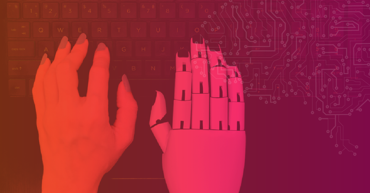 Mão de robô ao lado de mão humana sobre teclado, simbolizando inteligência artificial