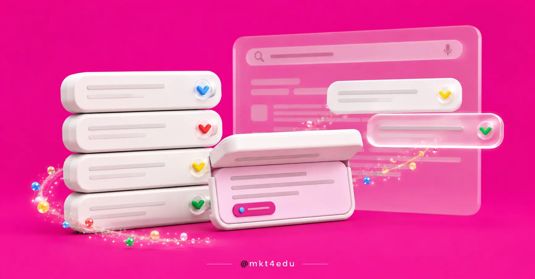 As Pessoas Também Perguntam em cena 3D rosa: barras de pergunta com setas nas quatro cores do Google e uma aberta.