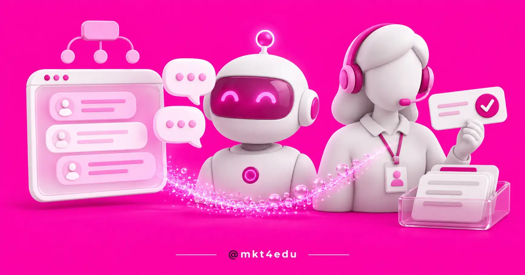 Chatbot for student retention in a pink scene with a chat window, an AI assistant and an agent holding a ticket