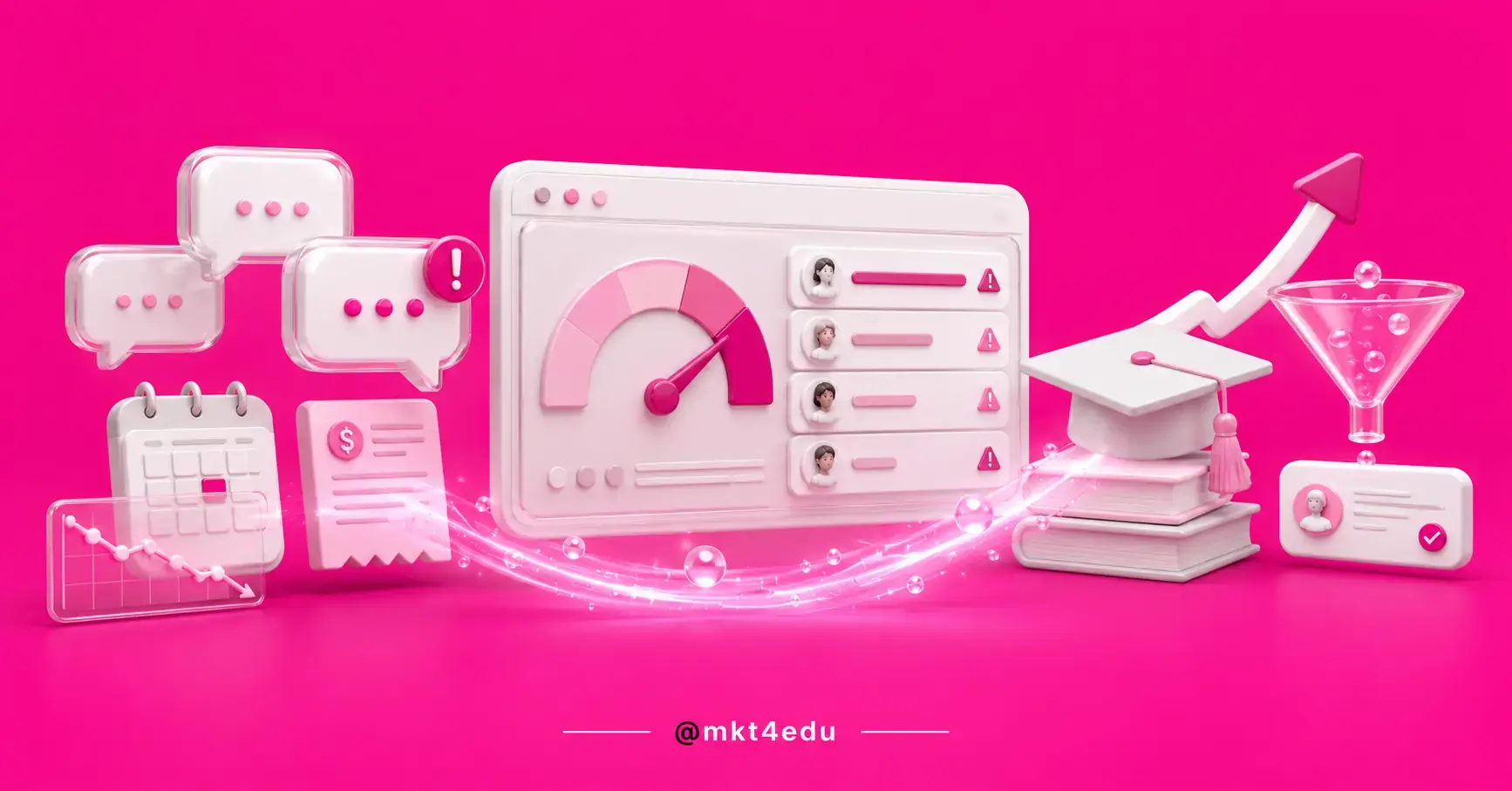 Student dropout in a pink scene with 3D alert bubbles, a risk gauge with a pink needle and a graduation cap on books