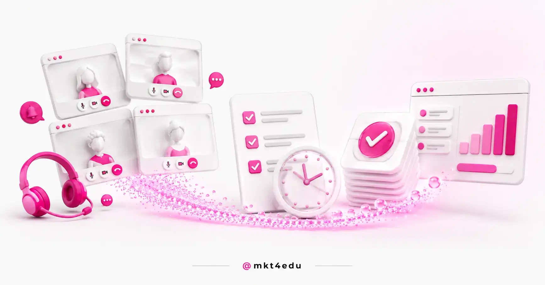 Remote meetings shown as 3D video call windows linked to an agenda card and decision cards