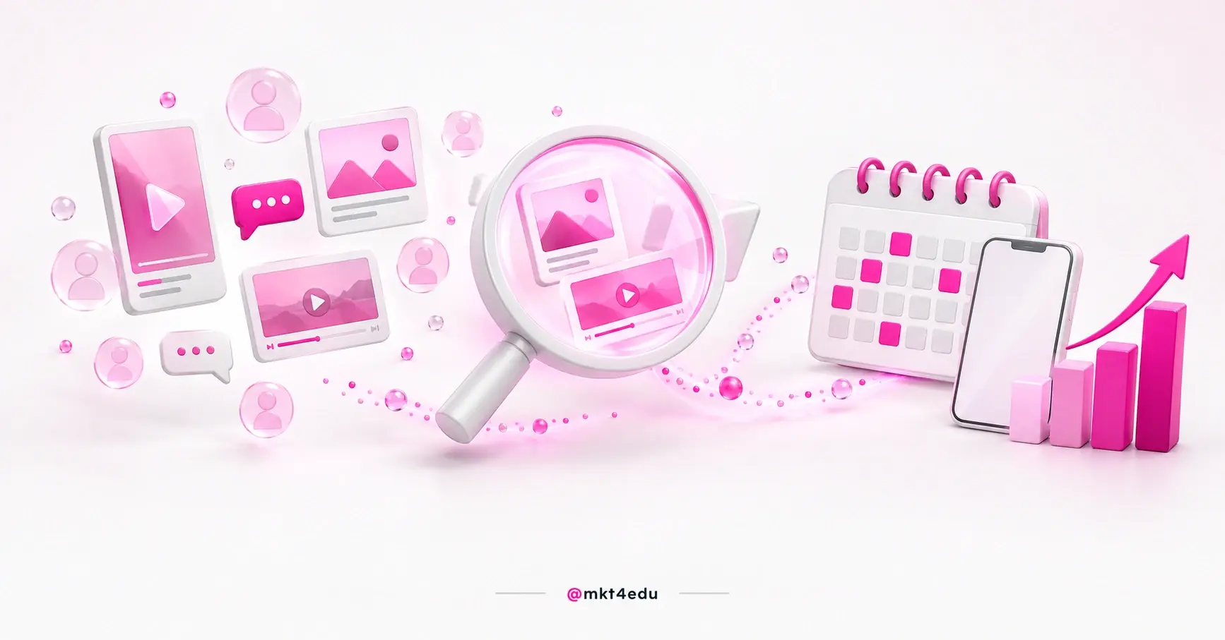 Redes sociais representadas em cartões de conteúdo 3D flutuantes, uma lente destacando dois deles e um calendário editorial rosa