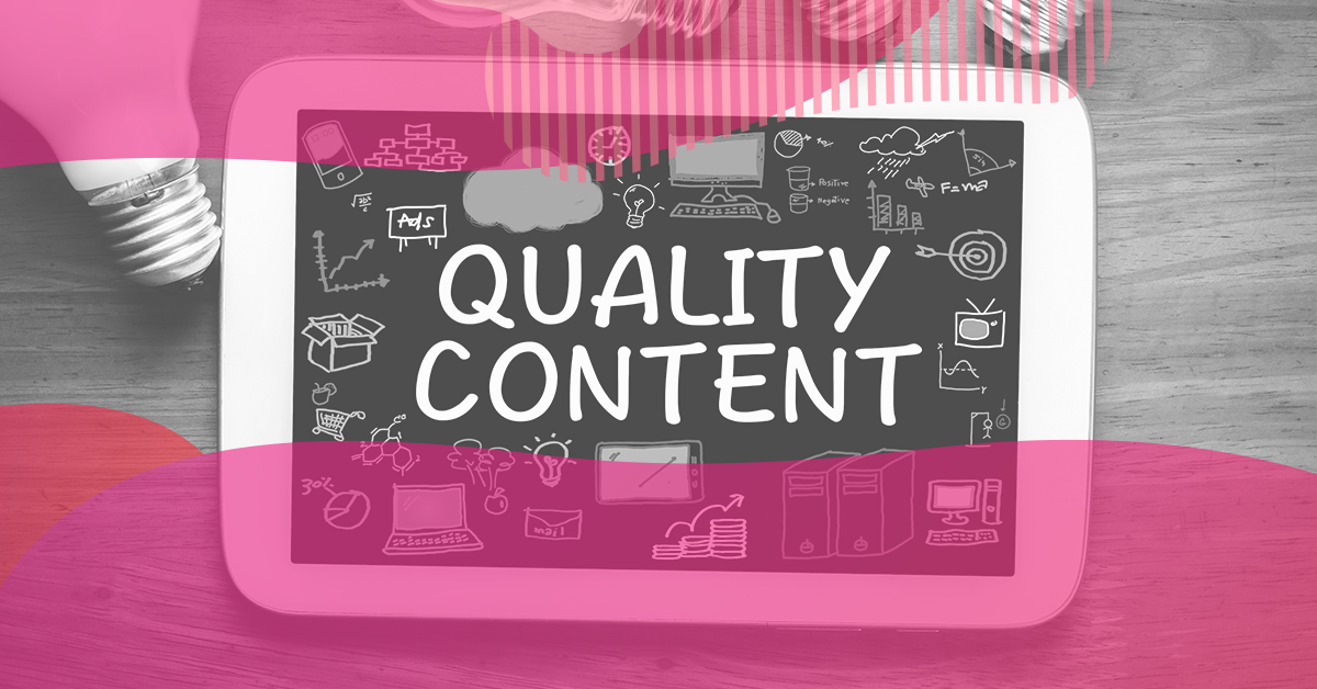 Tablet on a desk showing the words “Quality Content” with marketing icons around it, representing quality content for a blog post.